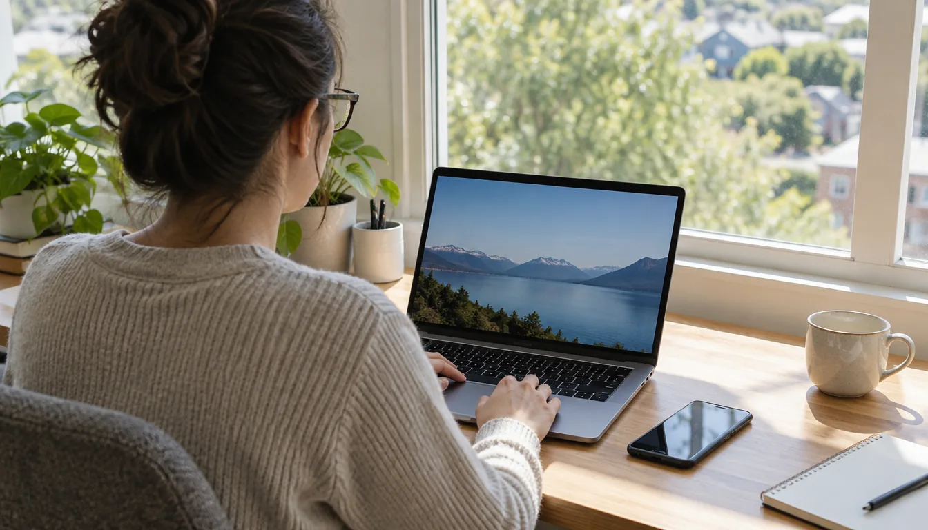 Person wearing glasses at a sunlit desk with a smartphone and laptop