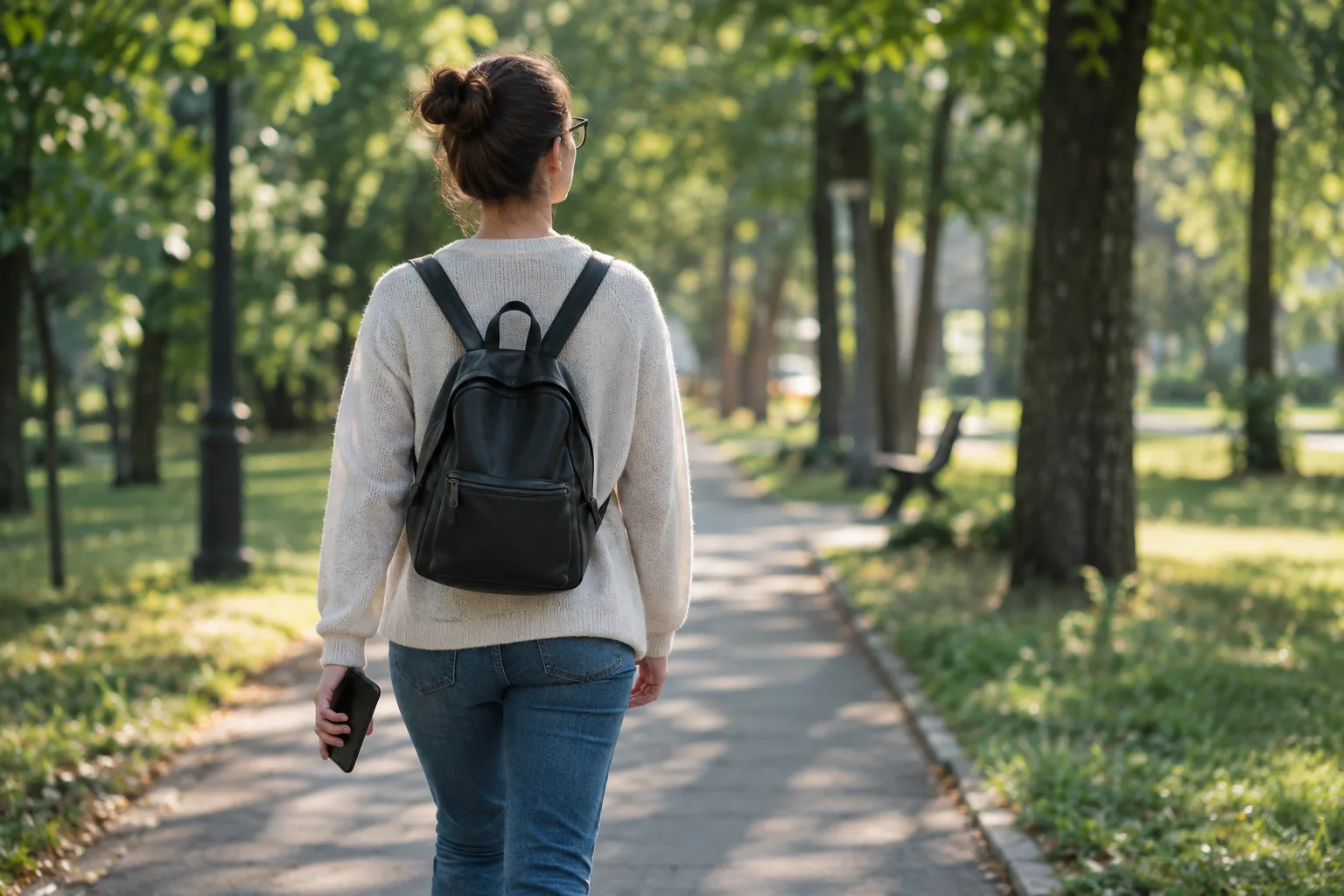 Person walking through a park wearing a camera in glasses, seen from behind