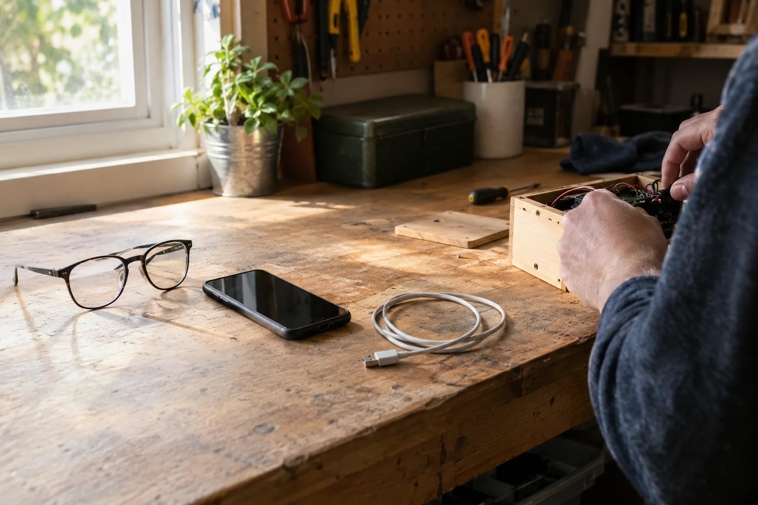 Glasses, smartphone and charging cable laid out on a workbench