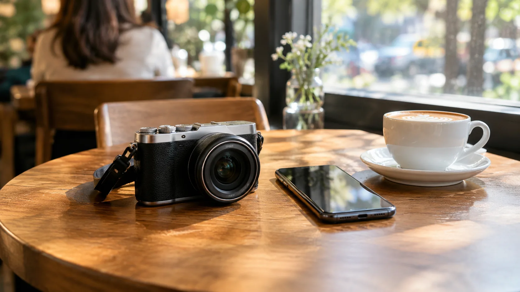 Compact point and shoot digital camera on a cafe table next to a smartphone