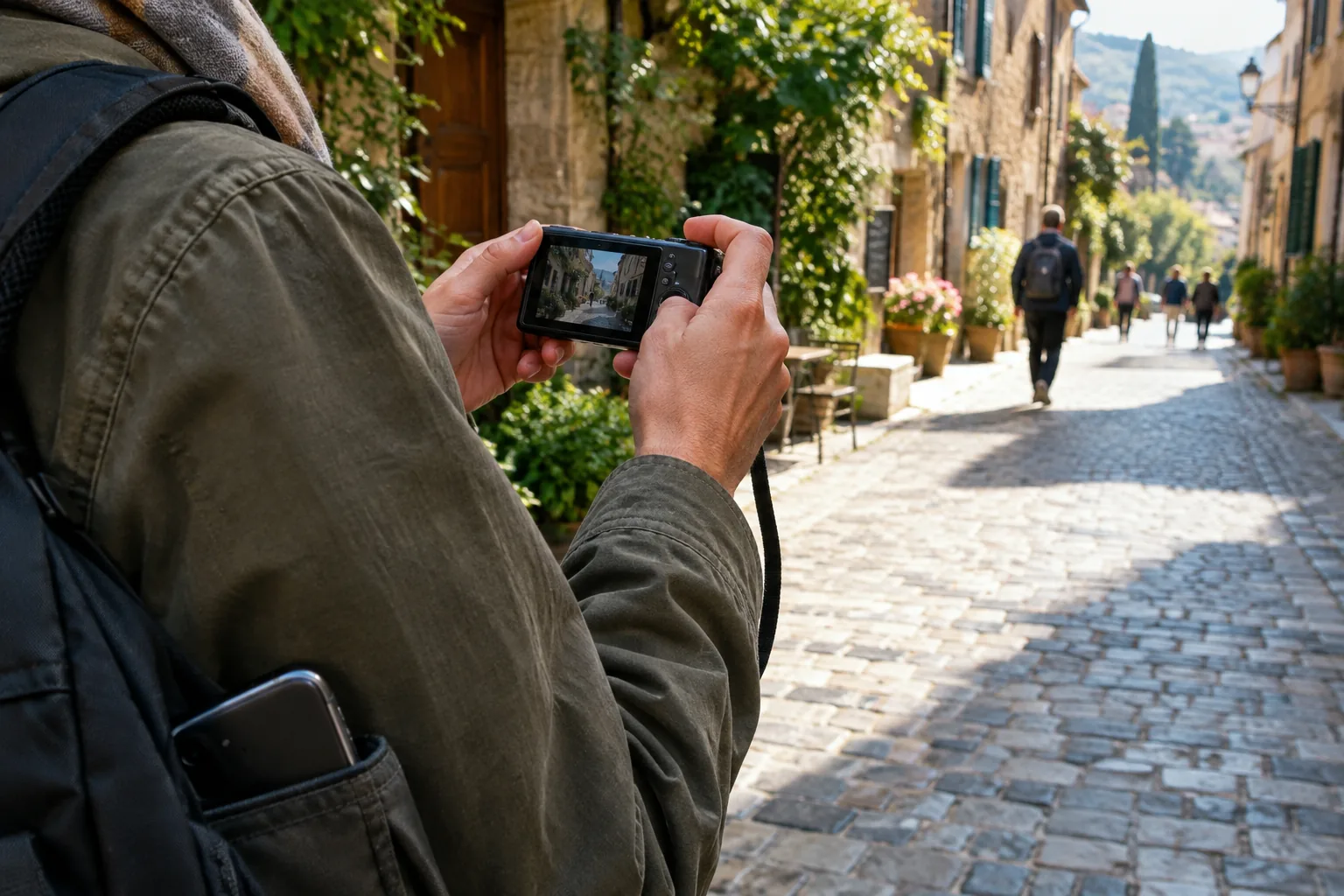 Hands holding a compact point and shoot digital camera on a cobblestone street