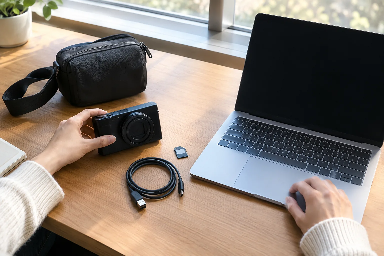 Desk with a compact camera, memory card, cable and carry bag laid out for first setup