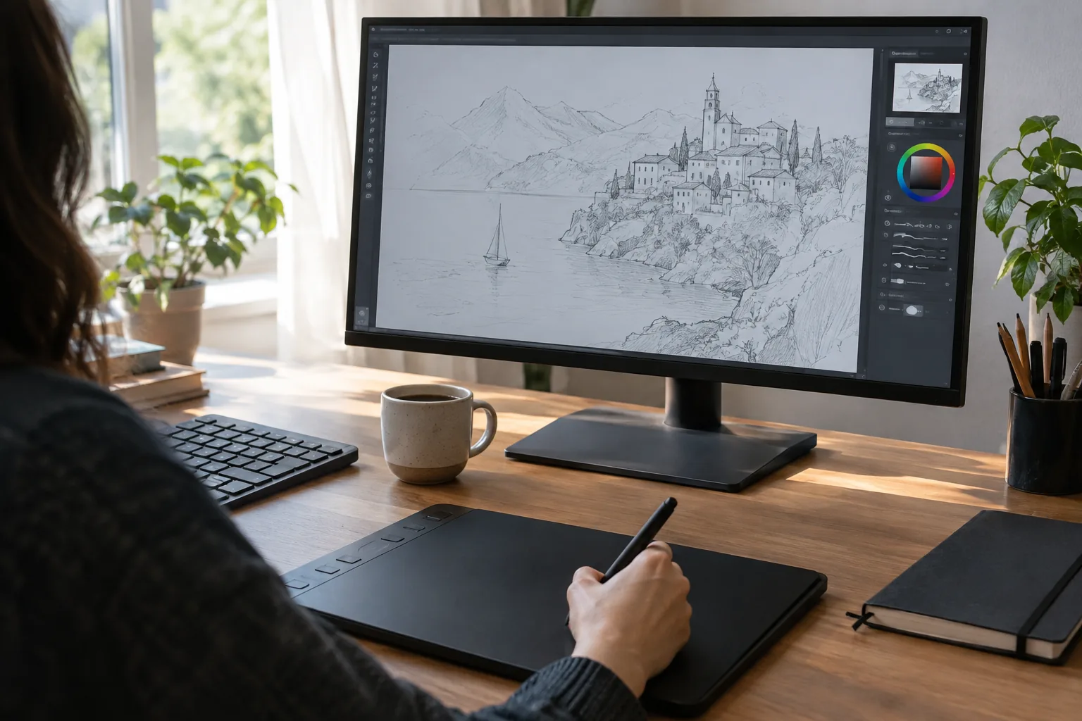 Desk set up for drawing on a drawing tablet, with a monitor and a flat pen tablet