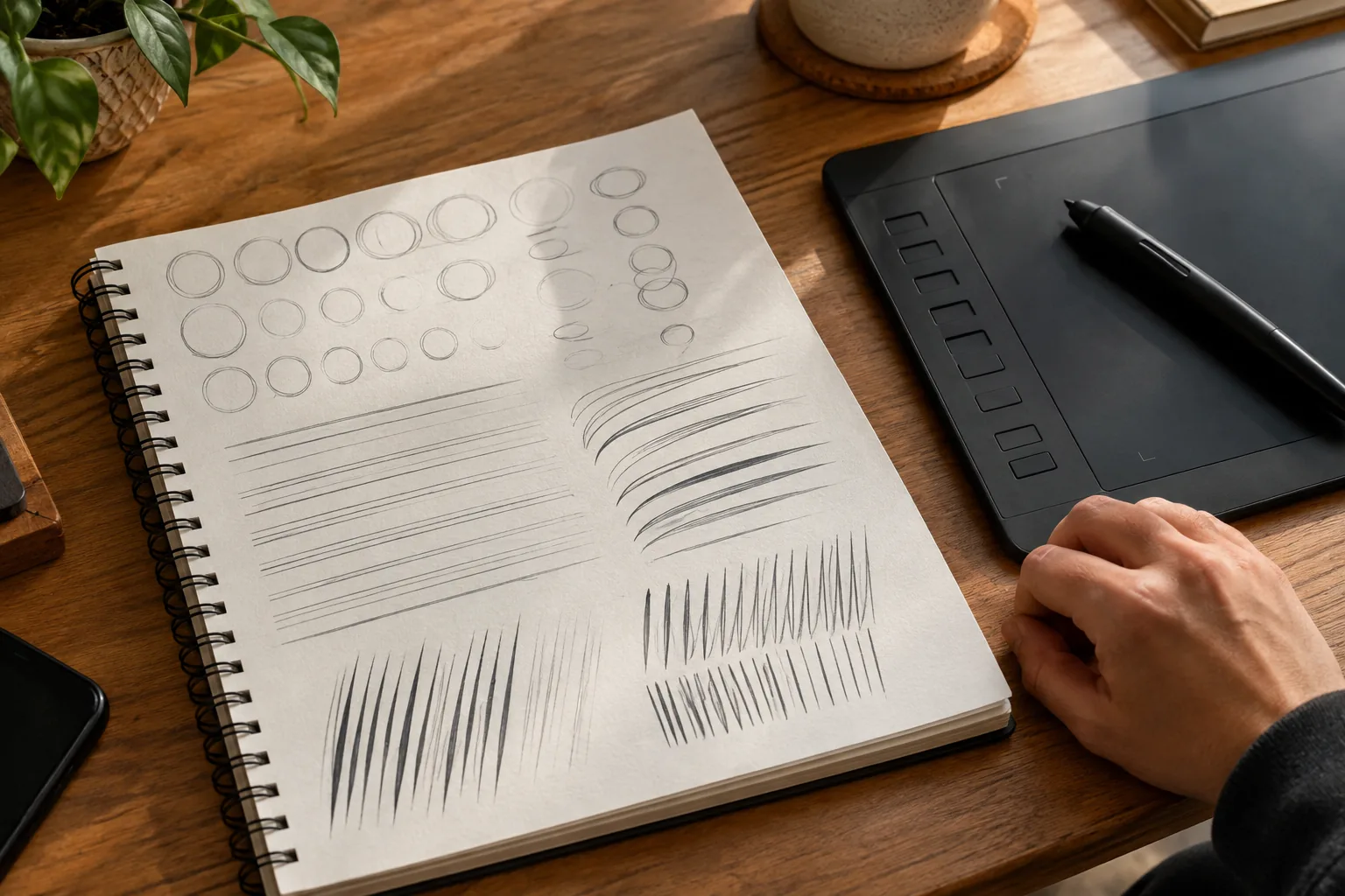 Practice sheet of circles and parallel lines beside a pen tablet