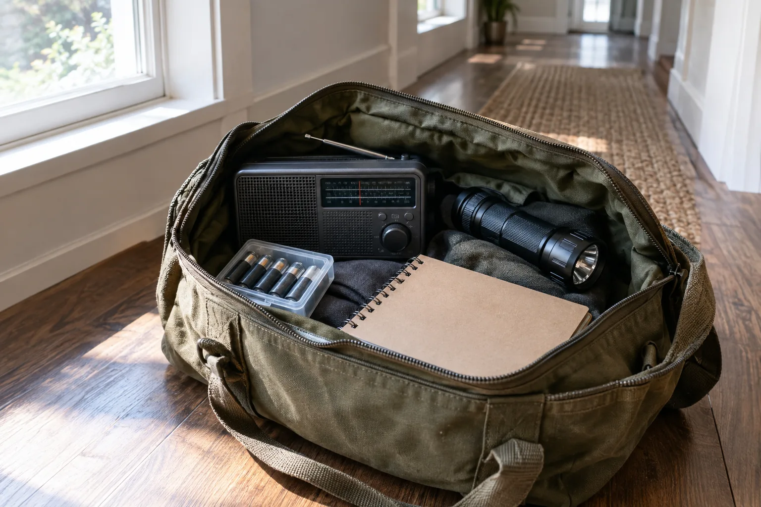 Emergency kit with a radio, spare batteries and flashlight in a bag