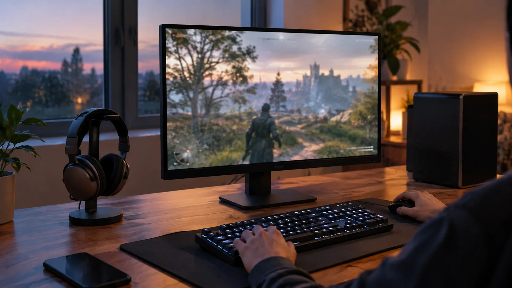 Gaming desk with a wireless headset beside a keyboard and monitor