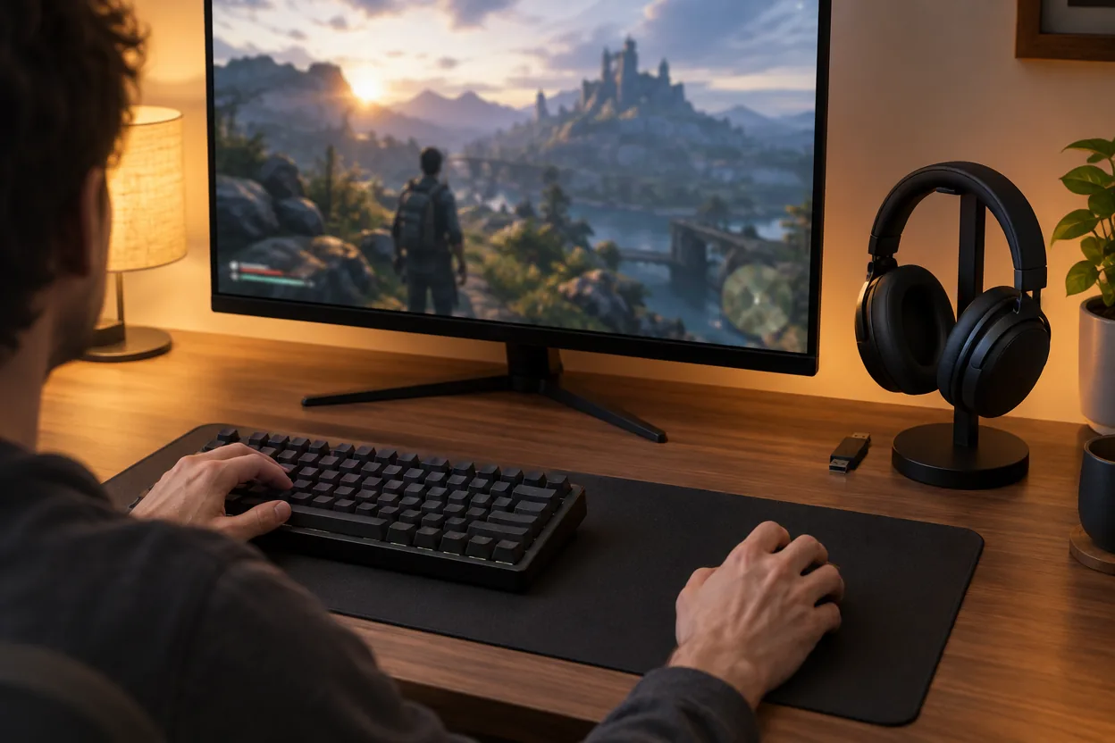 Desk setup for a good wireless gaming headset for PC with headset stand and USB dongle