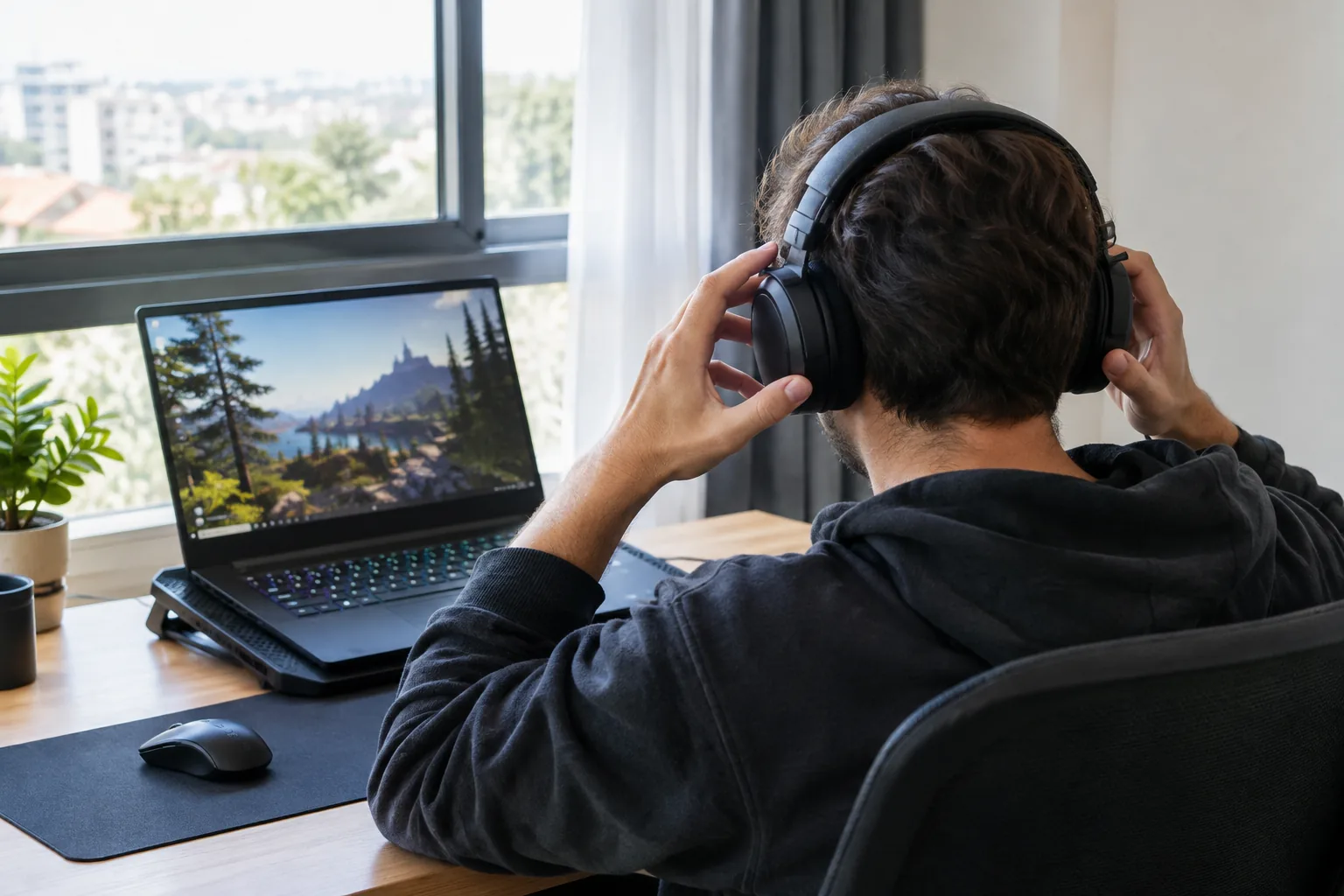 Gamer seen from behind adjusting a wireless headset at a laptop