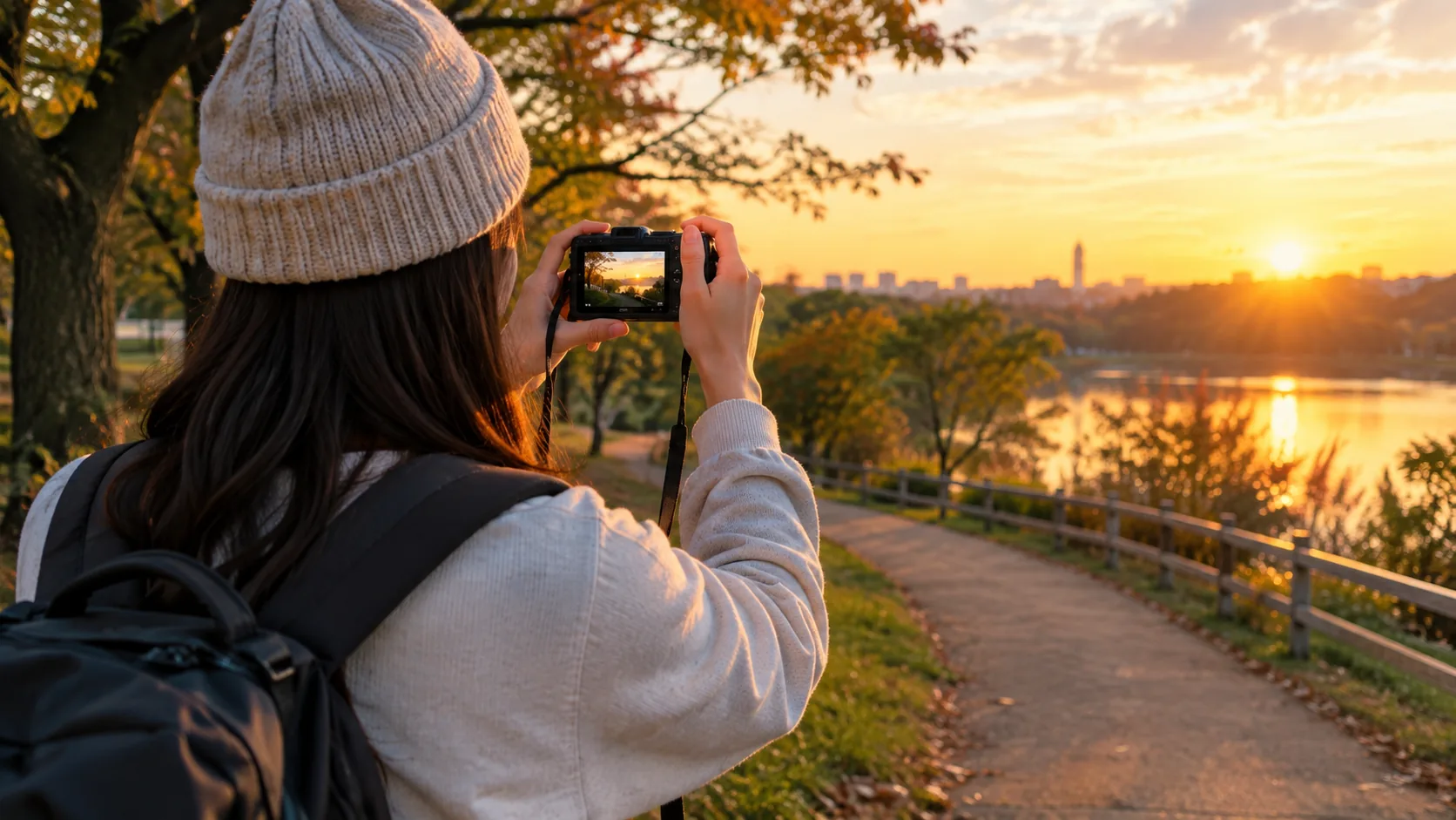 Hands holding a good vlogging camera on a park path at golden hour
