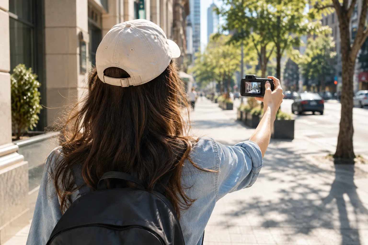 Person walking a city sidewalk with a good vlogging camera held at arm's length