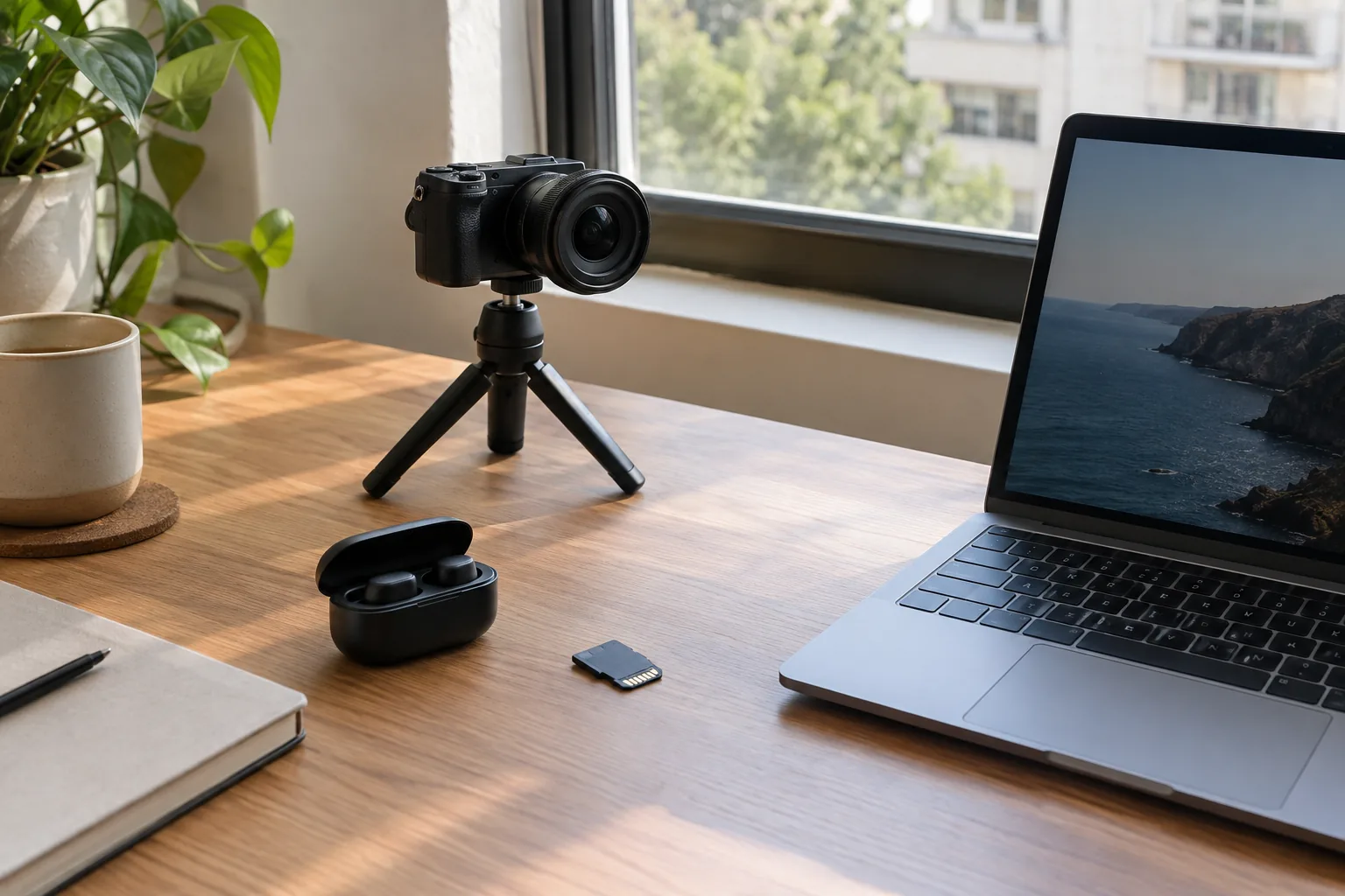 Desk with a camera on a mini tripod, microphone case and laptop set up for filming