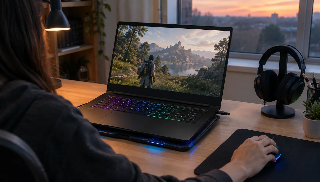 Gaming laptop on a desk set up for a long play session