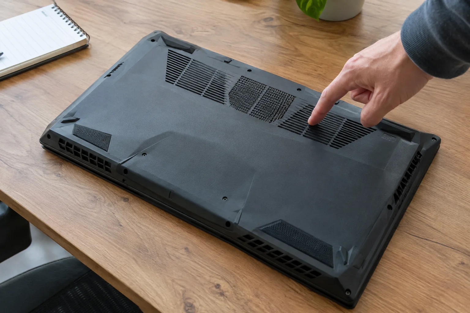 Laptop cooling pad game: bottom panel of a laptop showing intake grilles being inspected