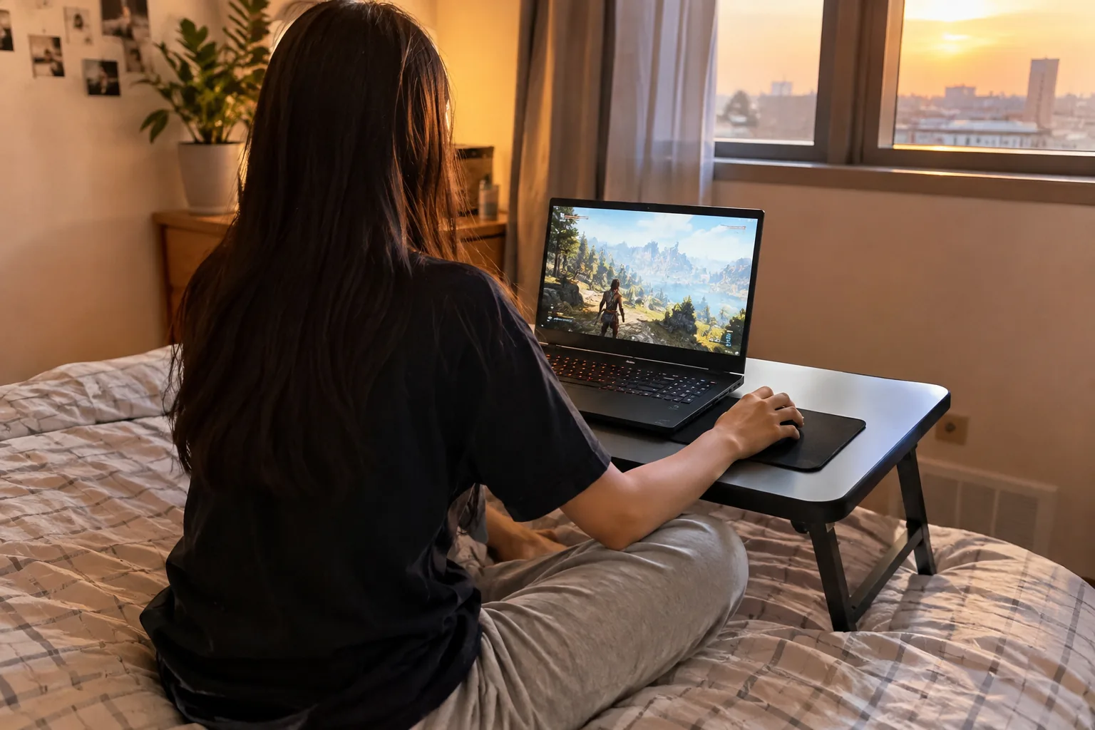 Person gaming on a laptop placed on a table above a bed