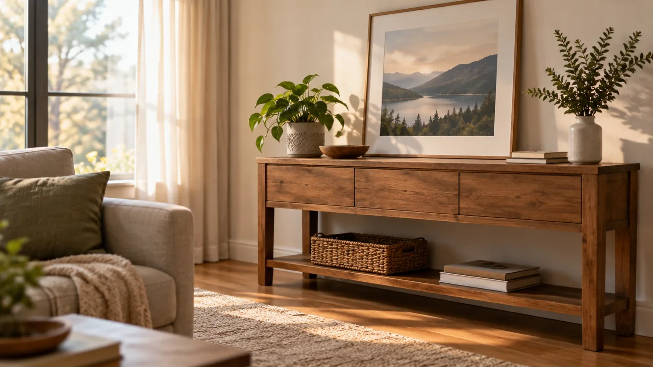 Cozy living room corner with a console table where a digital picture frame could be placed