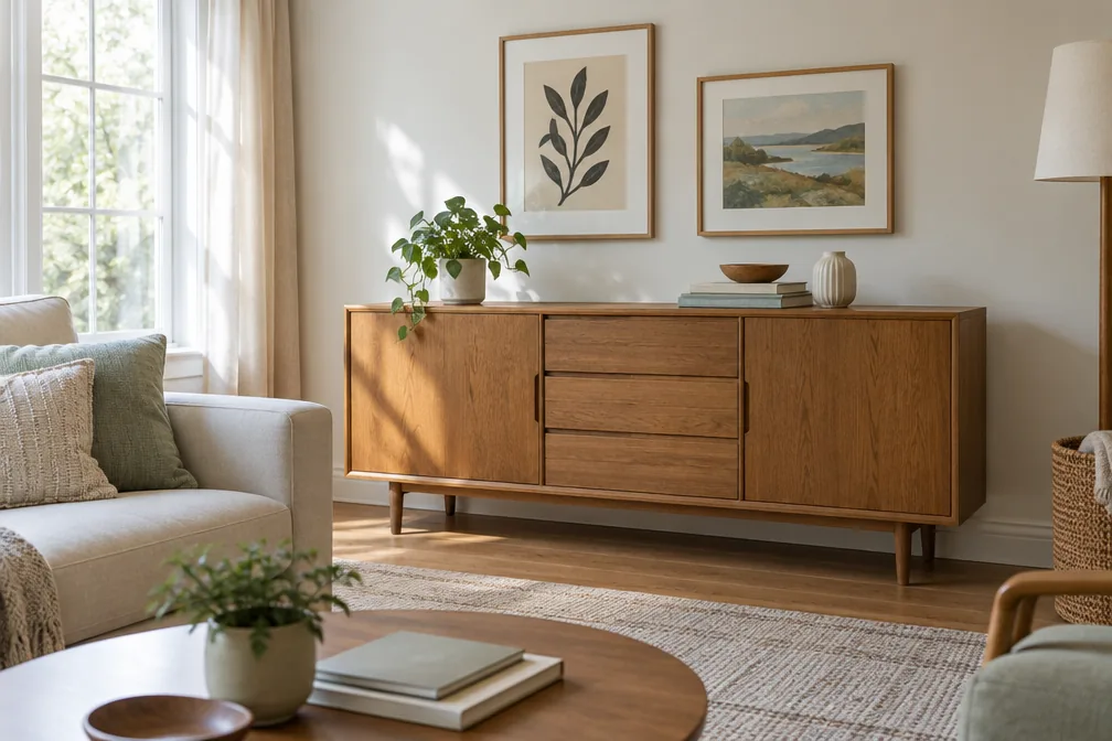 Sideboard in a bright living room where a large picture frame digital display could sit