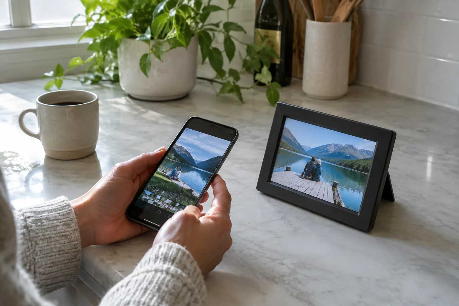 Hands holding a smartphone next to a photo frame on a kitchen counter