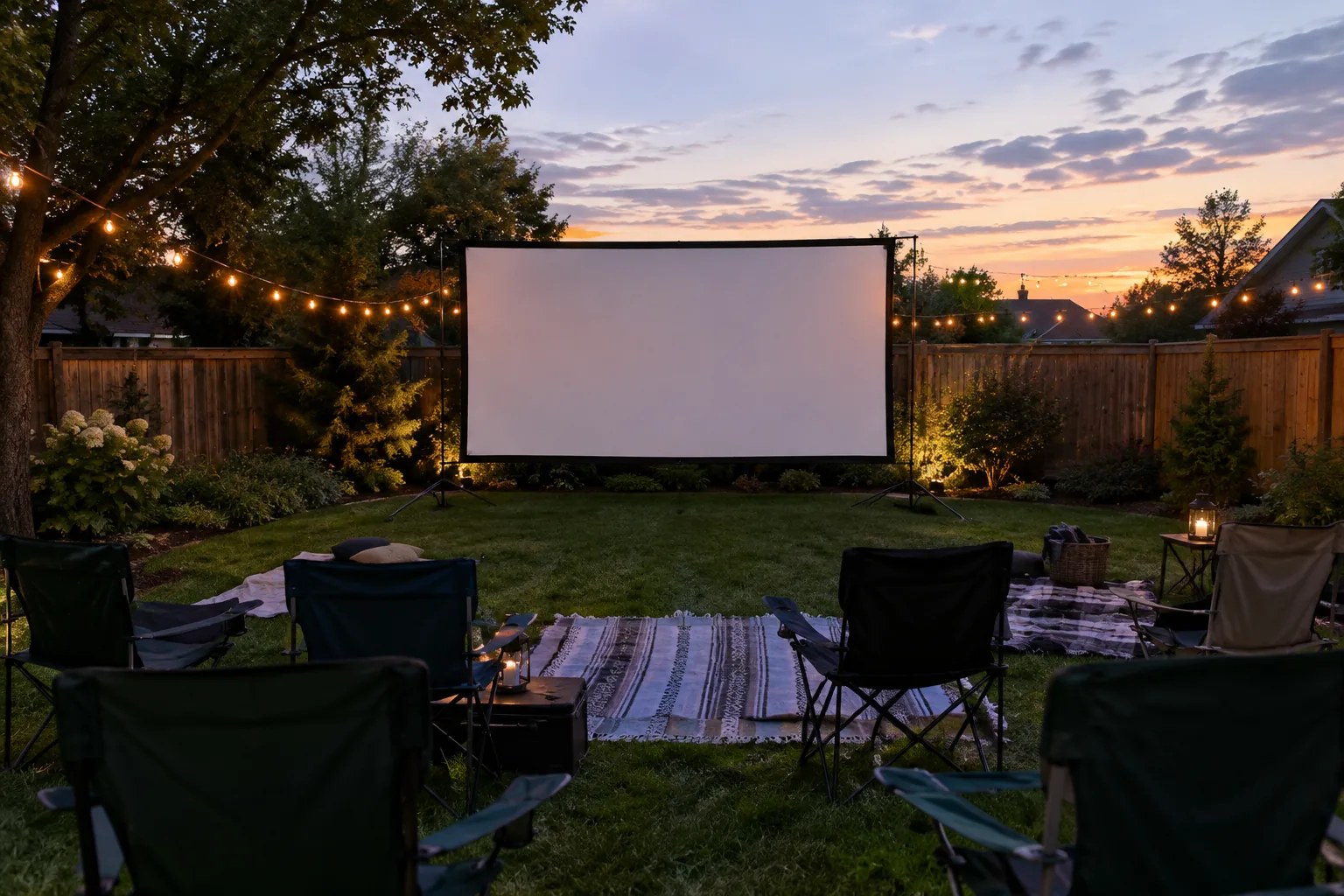 Backyard at dusk set up for outdoor movie screens and projectors, with folding chairs on the lawn