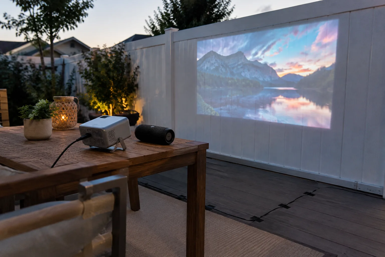 Portable projector on a patio table aimed at a fence, a simple outdoor movie screens and projectors setup at twilight