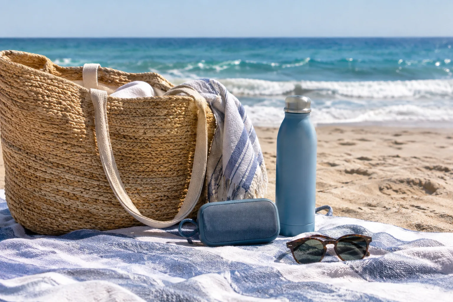 Beach towel and bag with a compact speaker nearby