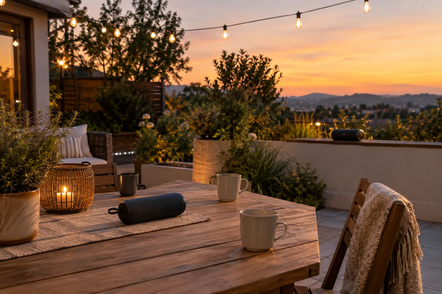 Backyard patio at dusk with two speakers placed apart