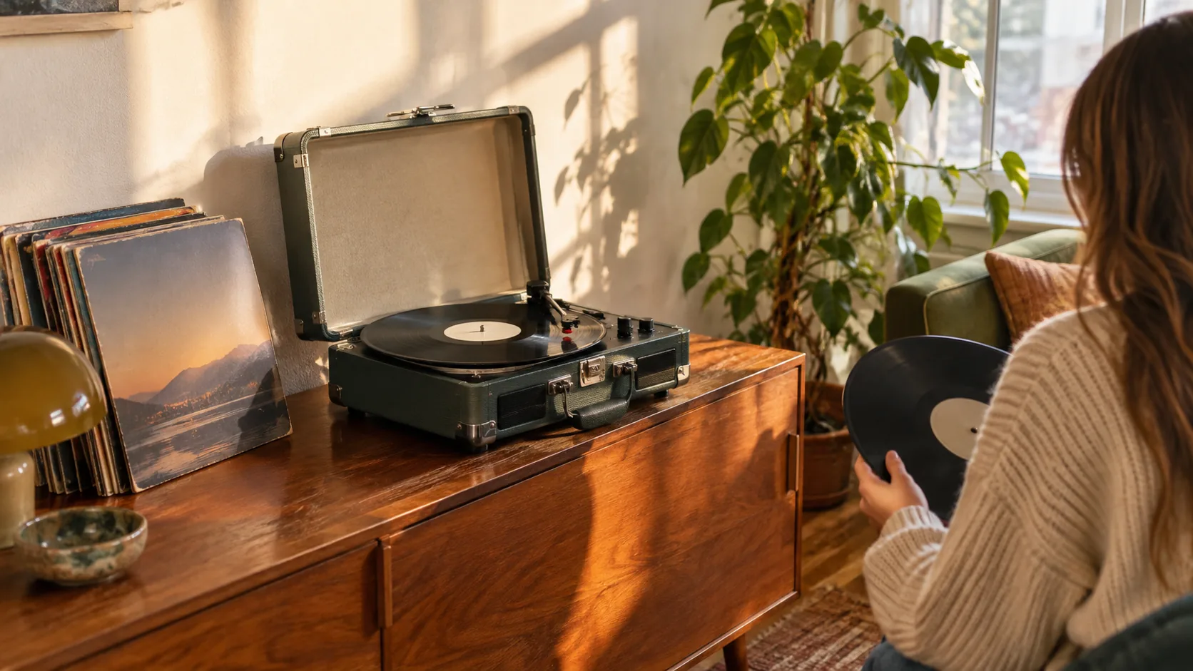 Record players with built in speakers: a suitcase-style model on a wooden sideboard in a sunlit living room