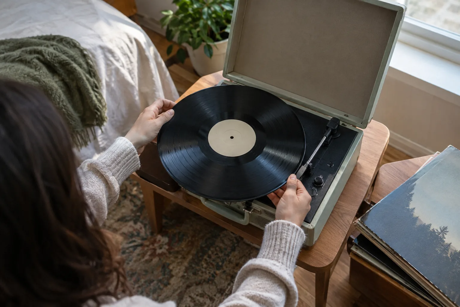 Hands flipping a record on a suitcase-style record player on a bedroom table