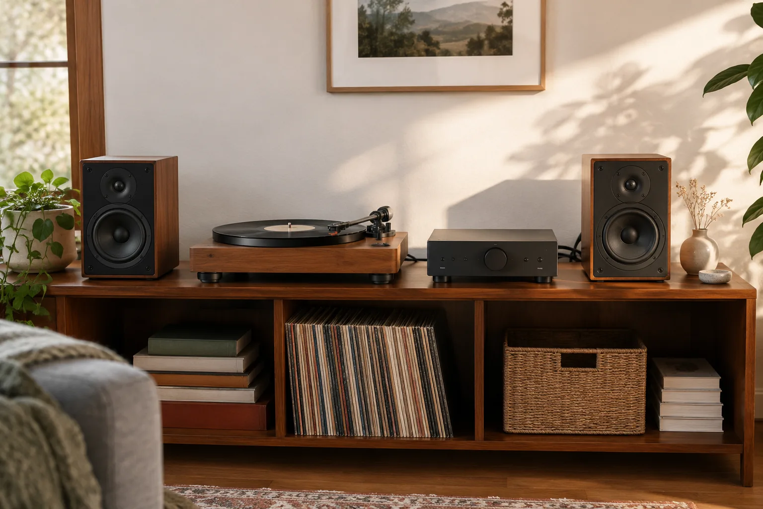 Turntable between two bookshelf speakers with a compact amplifier on a shelf