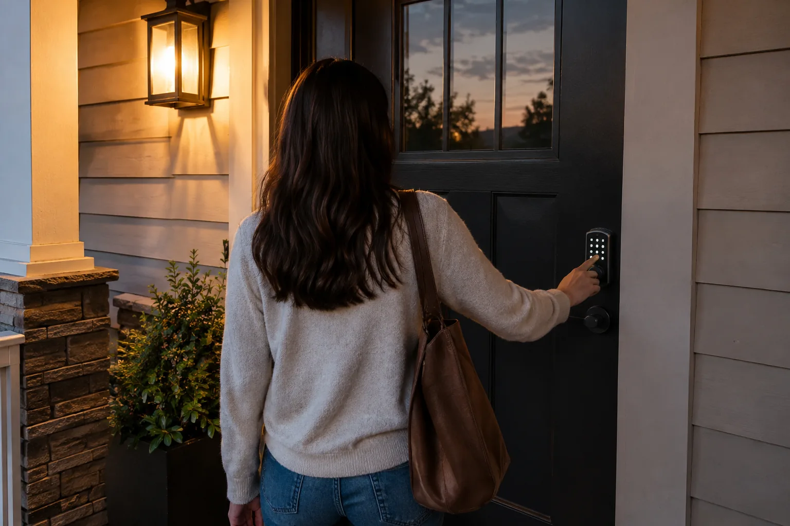 Person entering a code on a front door keypad at dusk