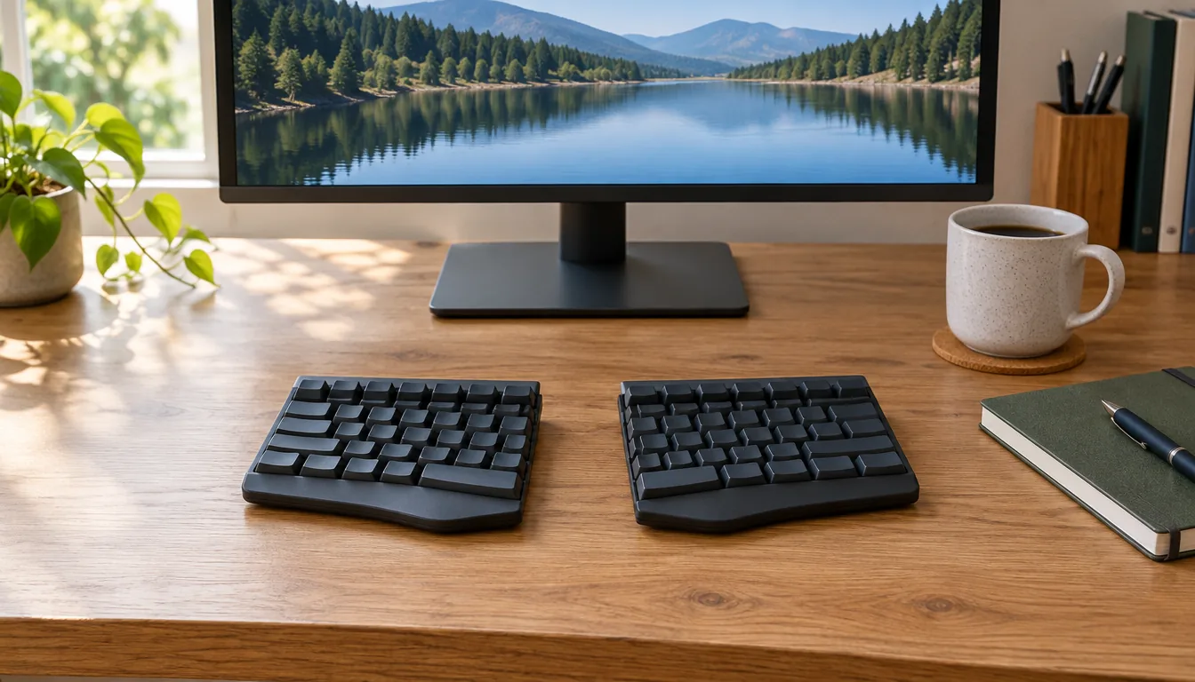 Split keyboard ergonomic setup with halves spread on a tidy wooden desk
