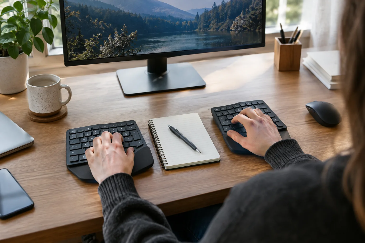 Two keyboard halves placed shoulder-width apart on a home office desk