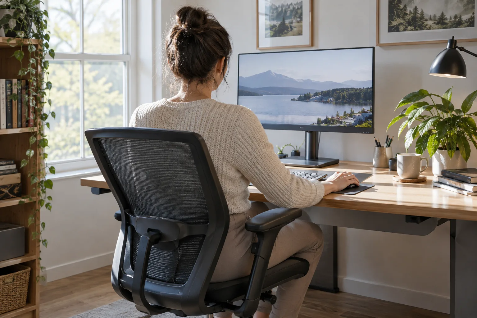 Home office corner with monitor at eye level and an adjustable chair
