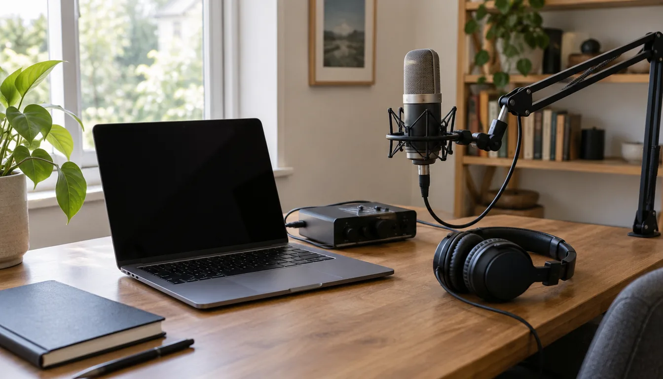 Home studio desk with a type c audio interface, laptop and microphone