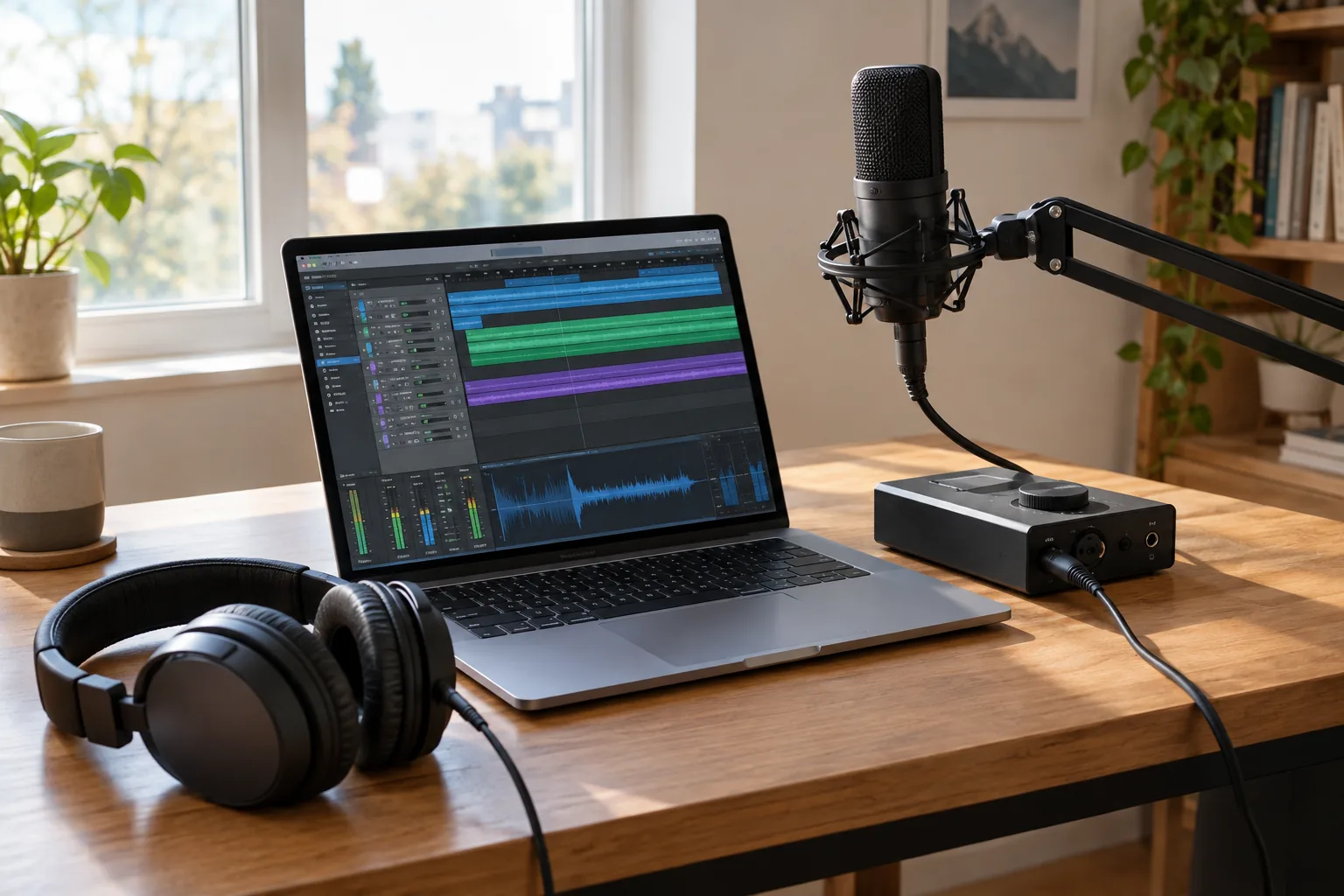 Desk with laptop, microphone and a type c audio interface connected by a cable