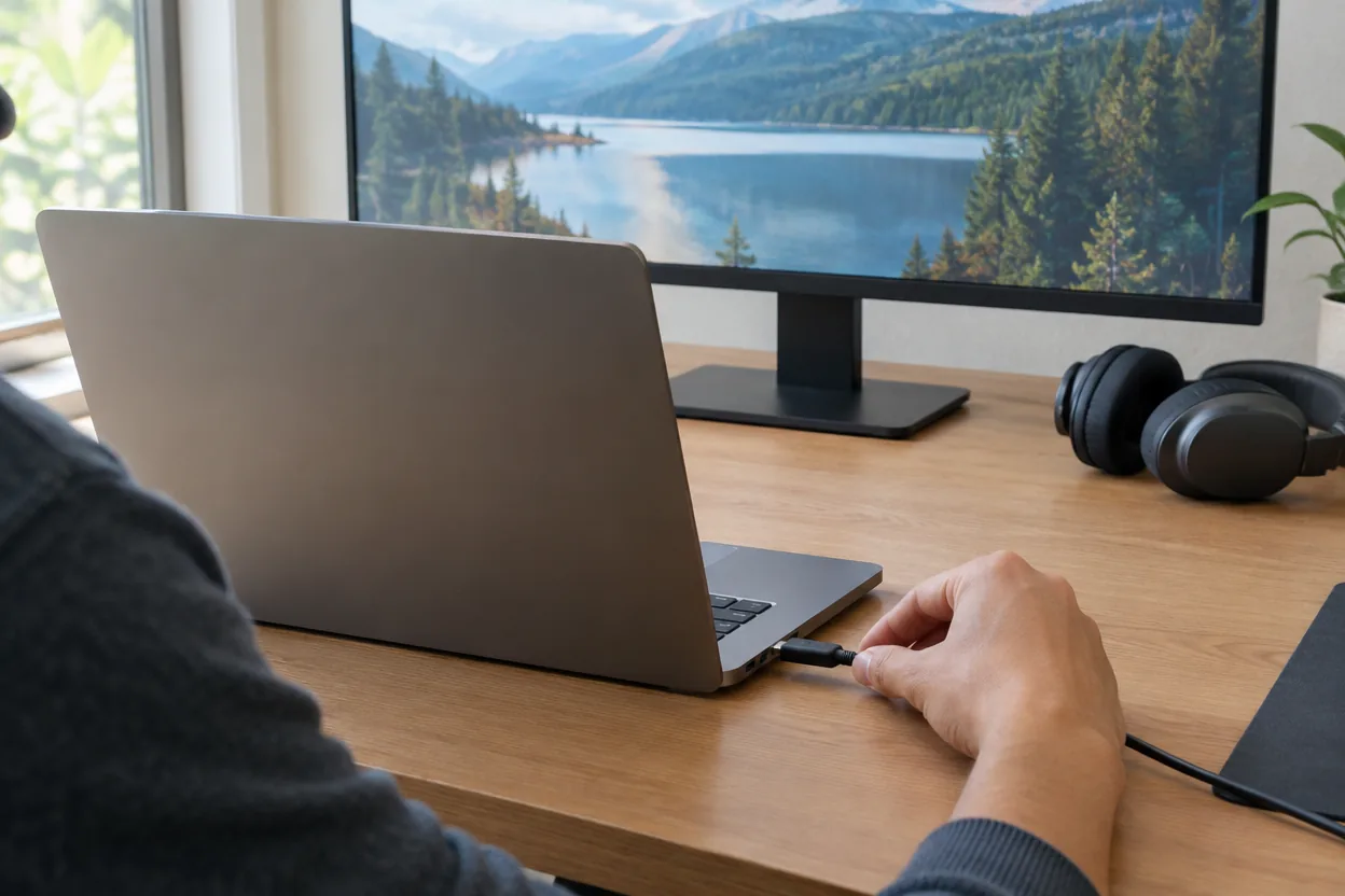 Hand plugging a cable into a laptop's USB-C port at a recording desk