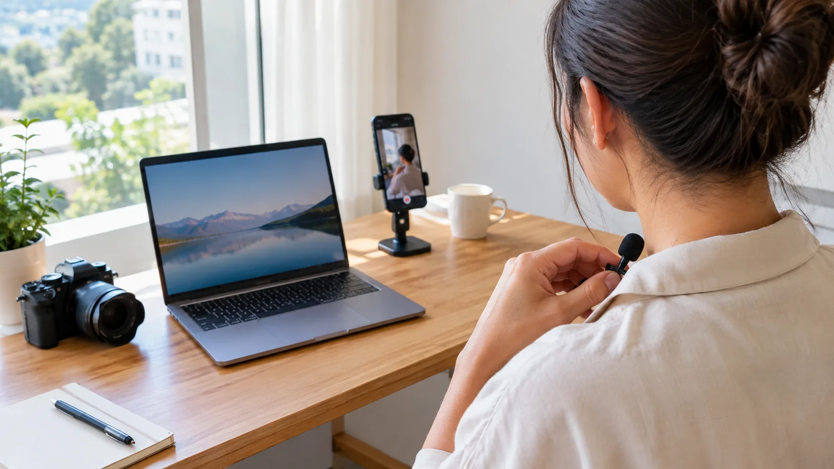 Creator desk prepared for recording with wireless lapel microphone systems