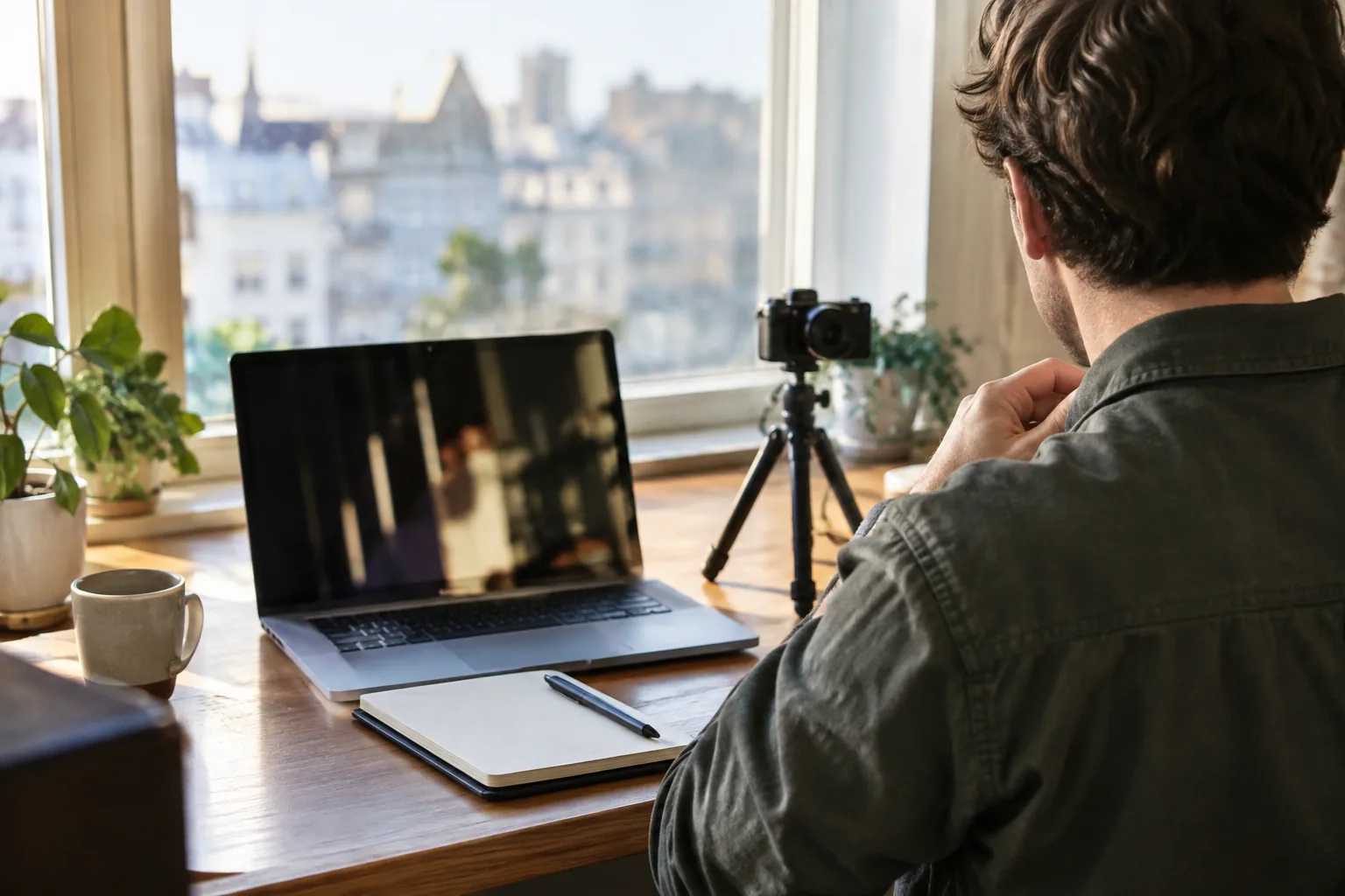Home recording desk where a speaker prepares wireless lapel microphone systems before filming