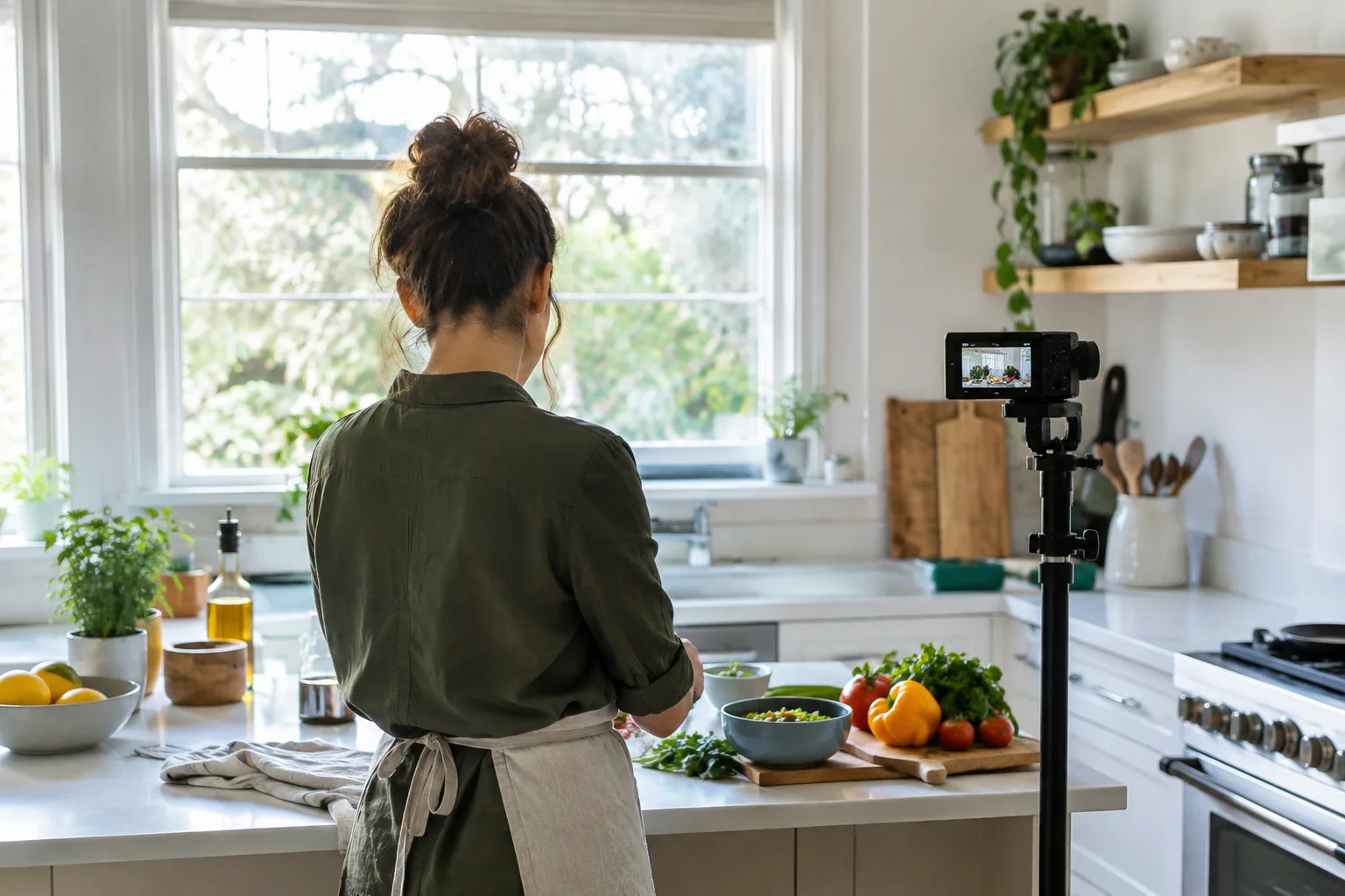 Creator filming a demo with a clip-on microphone and camera