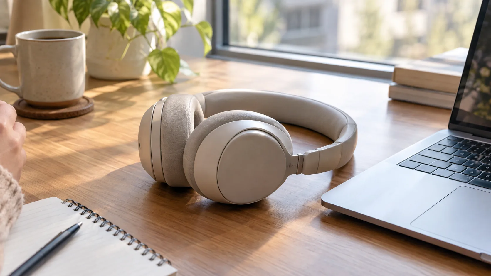 Over-ear headphones on a home desk next to a laptop and notebook