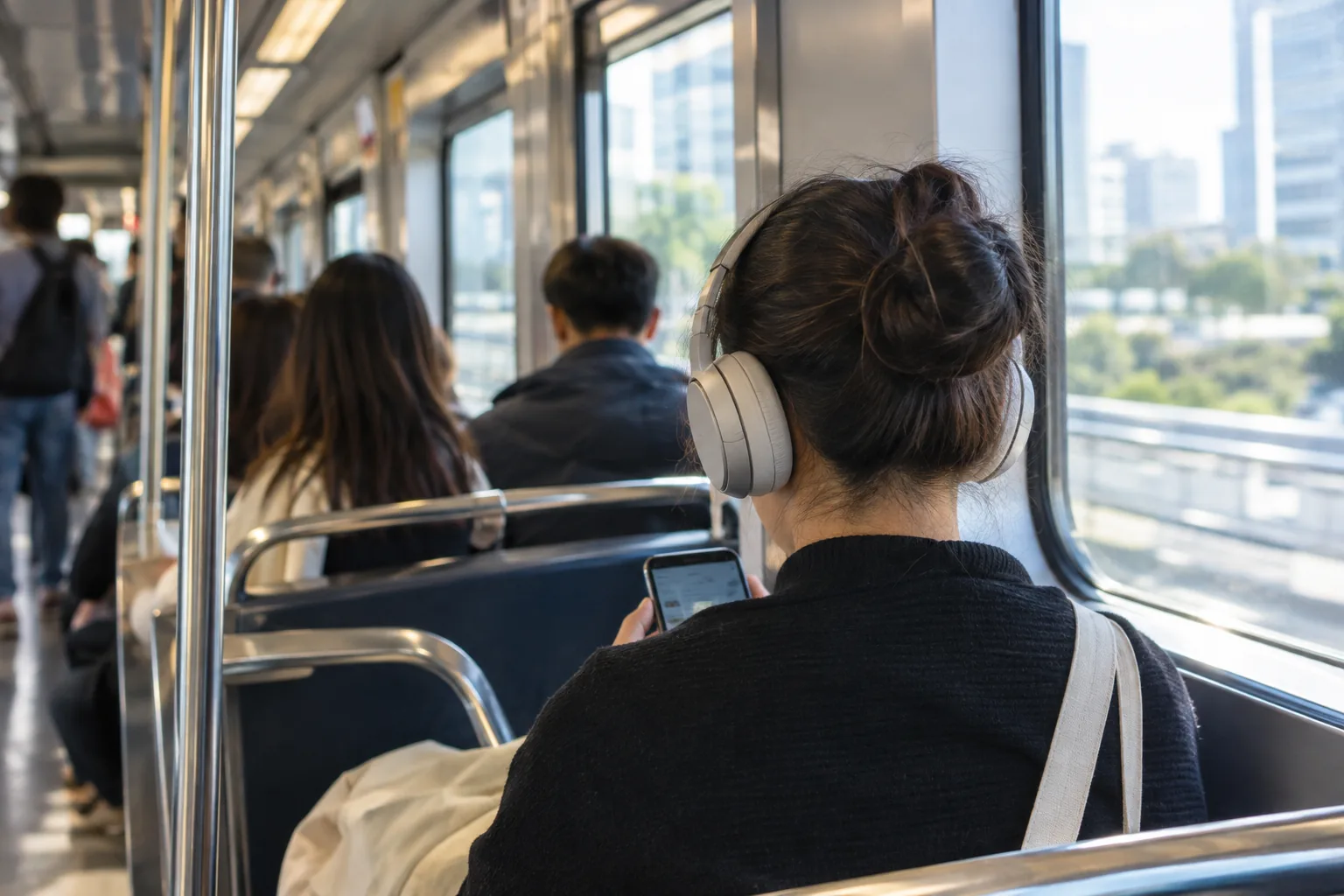 Wireless over ear noise canceling headphones: commuter on a train wearing over-ear headphones, seen from behind
