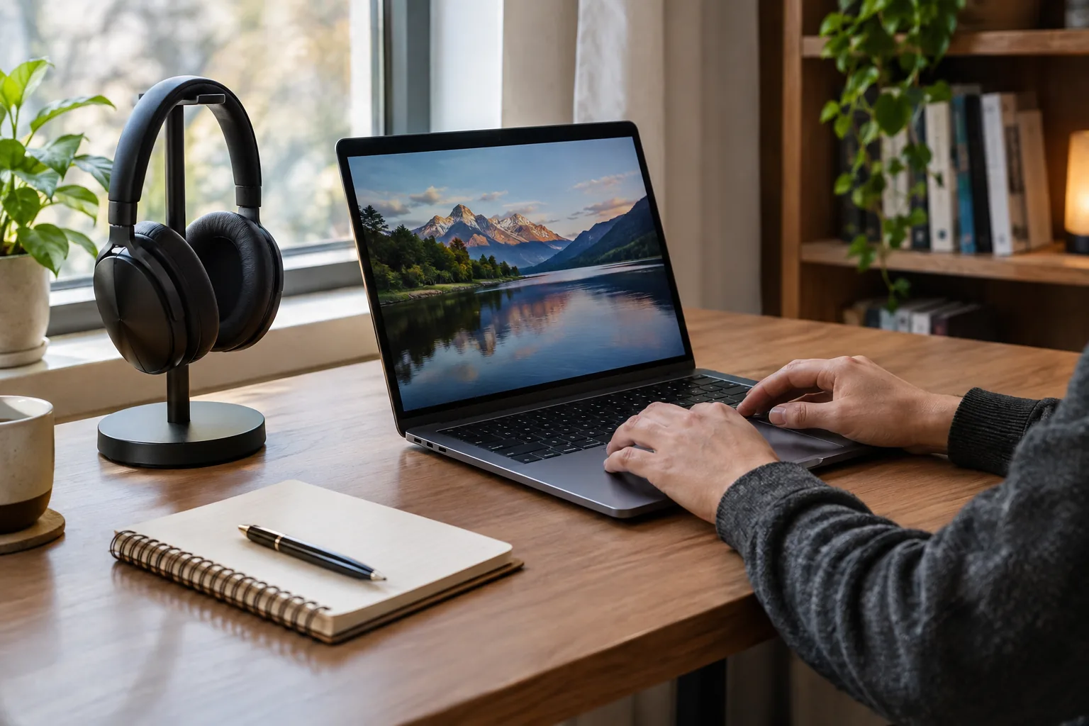 Home desk with a laptop and over-ear headphones on a stand
